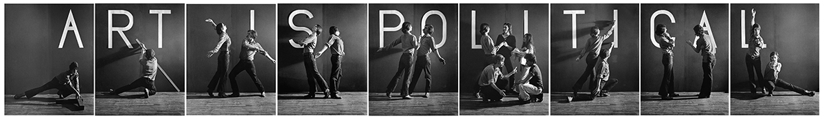 Neuf photos noir et blanc juxtaposées montrant différentes personnes et formant le texte « Art is political ». 
