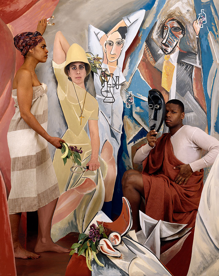 Photo de trois personnes intégrées dans une peinture imitant le style de Picasso. 