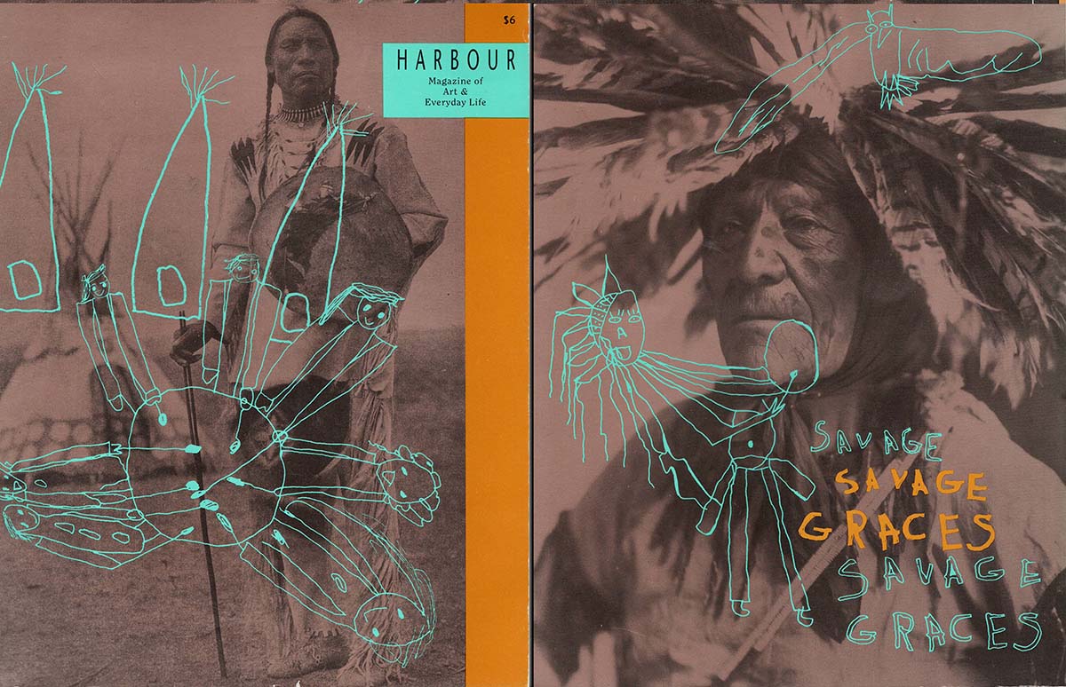Dessins colorés superposés sur des photos sépia d’hommes autochtones.  