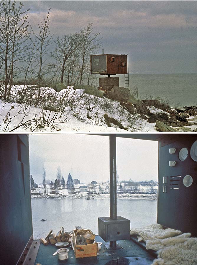2 photos montrant une vue extérieure et intérieure d’une cabine pivotante habitable. 