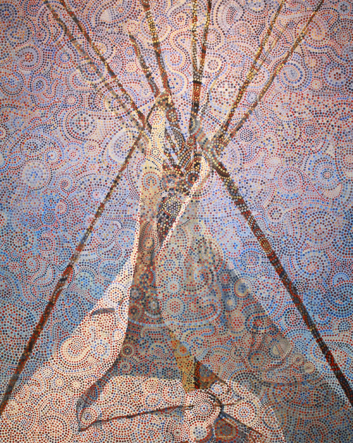 Tableau montrant un tipi fait de branches et de toile, sur lequel est superposée une trame pointilliste de motifs courbes bleus, rouges et écrus. 