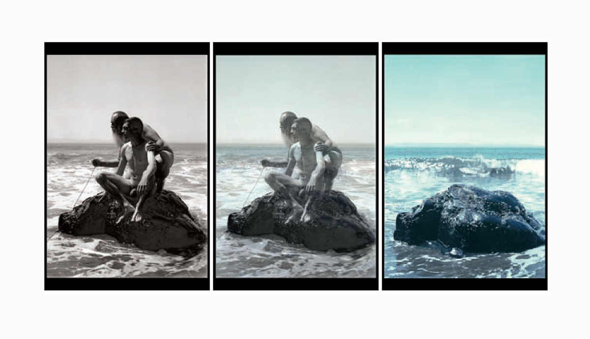 Deux hommes nus assis sur un rocher acéré, entourés par une mer agitée. L’œuvre présente trois images, qui offrent chacune un point de vue différent de la scène.  