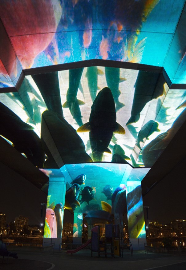 Projection nocturne d’images de poissons qui nagent sur la face inférieure d’un pont en béton. L’œuvre donne l’impression à l’auditoire d’être dans un aquarium. 