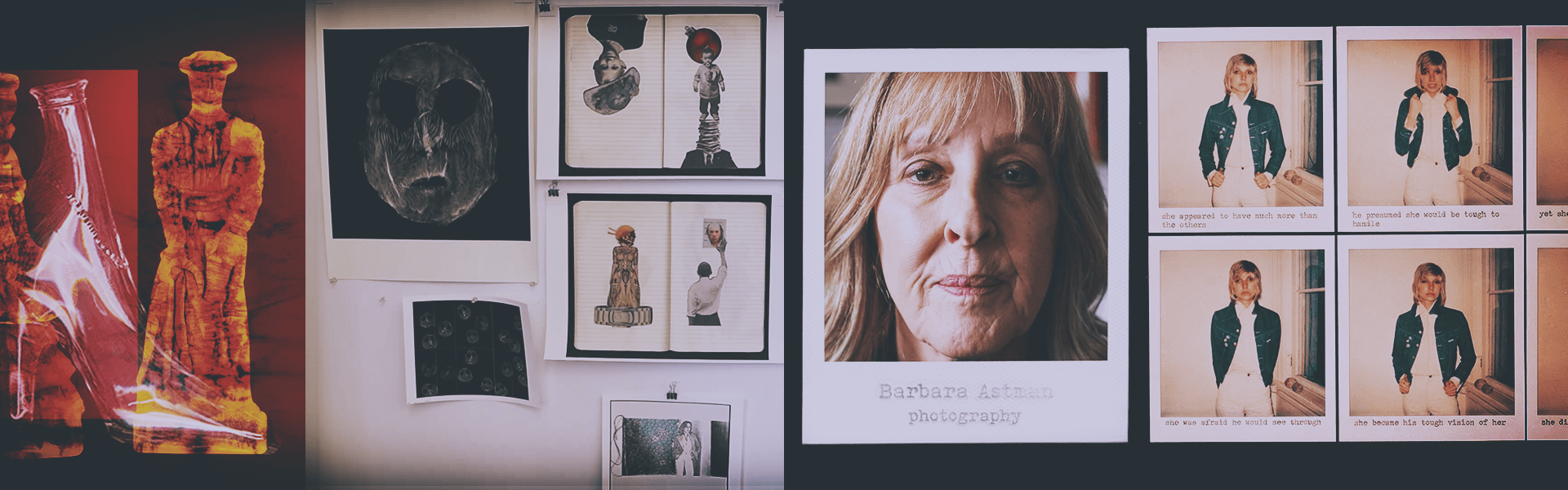 Un triptyque composé de différentes œuvres d’art à gauche et au centre, et de portraits de Barbara Astman à droite.