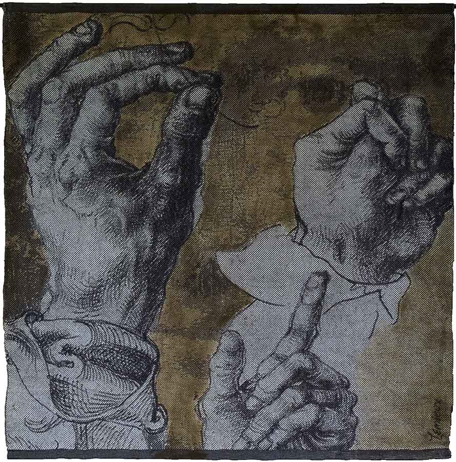 Dessin de trois mains en positions variées sur fond obscur. 