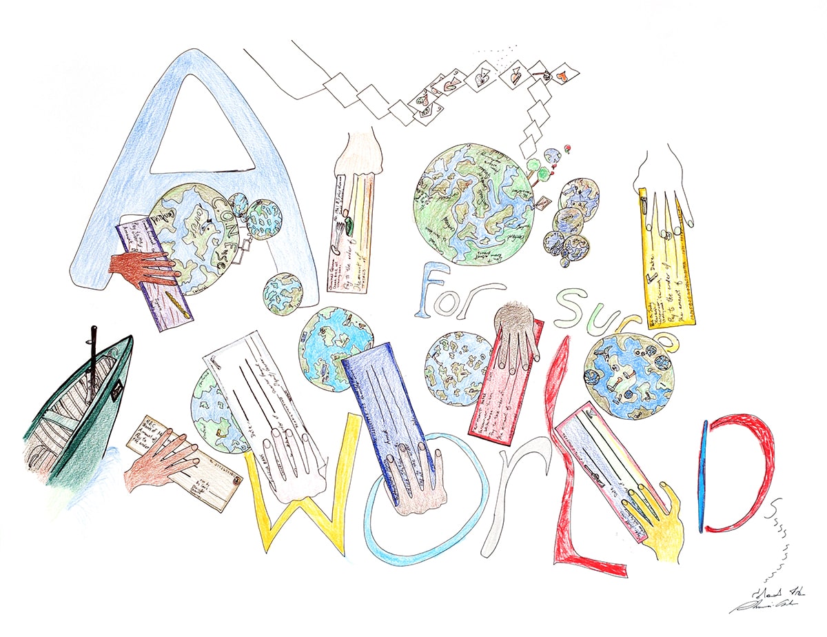 Dessin en couleur illustrant plusieurs Terres et des mains tendant des chèques.  